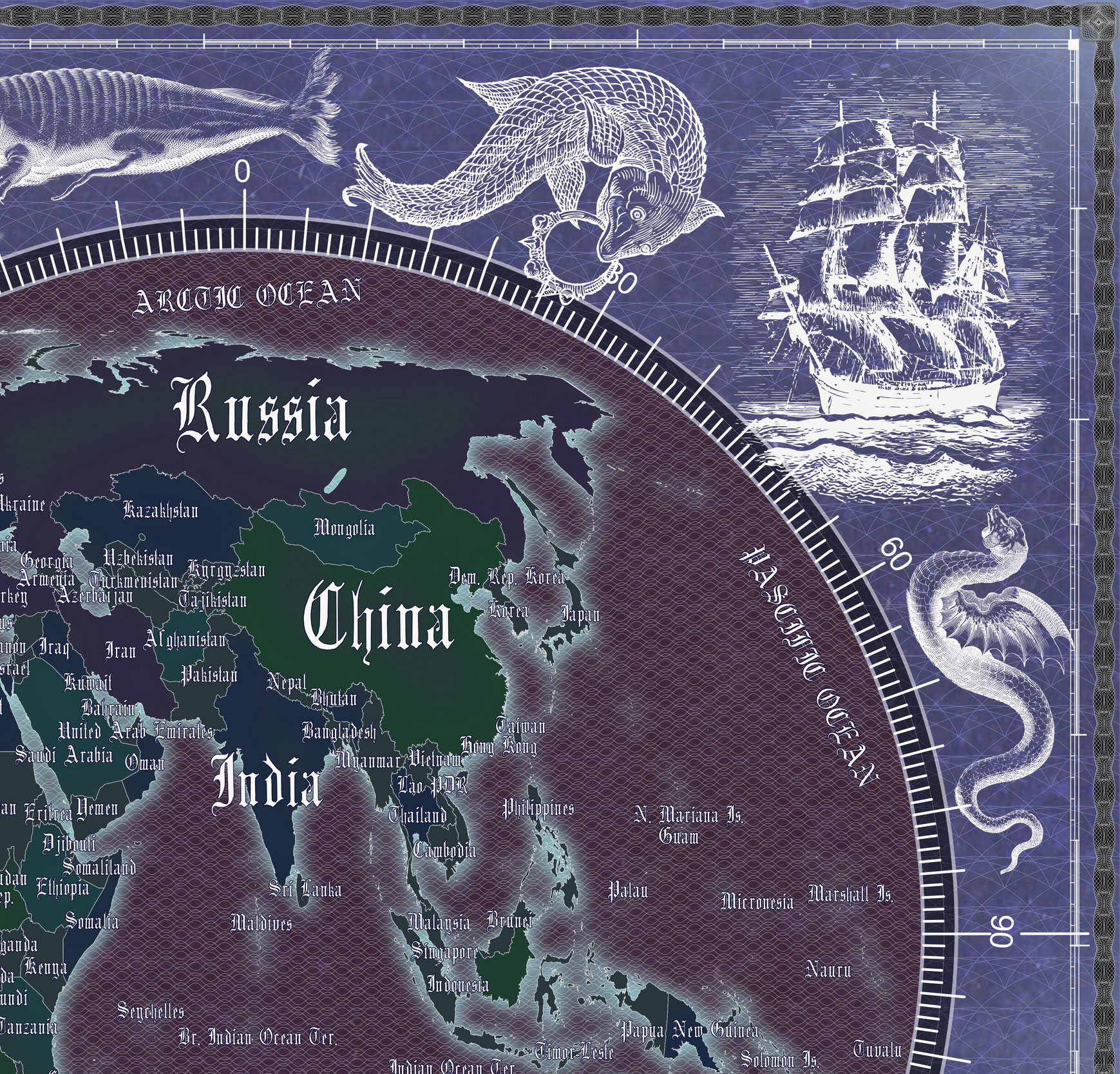 9 Vintage World Map Poster – 24x36 in (300 DPI, Print-Ready JPG) Gall Peters PRJ blue invert palette