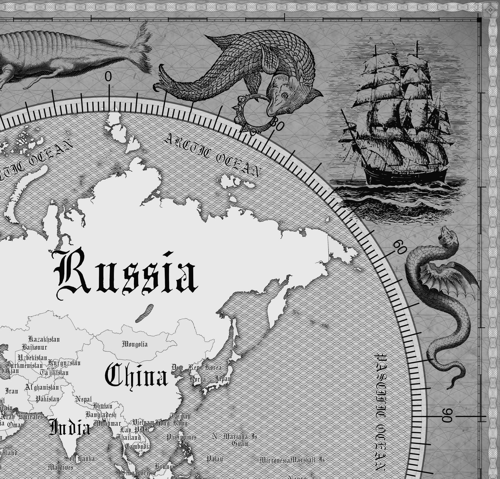8 Vintage World Map Poster – 24x36 in (300 DPI, Print-Ready JPG) Mercator PRJ black-white palette