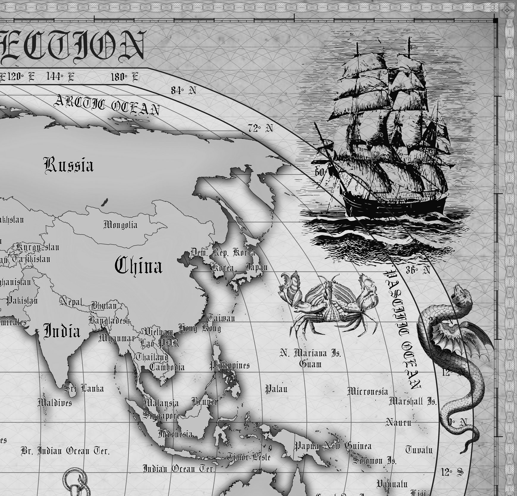 7 Vintage World Map Poster – 24x36 in (300 DPI, Print-Ready JPG) Robinson PRJ black-white palette