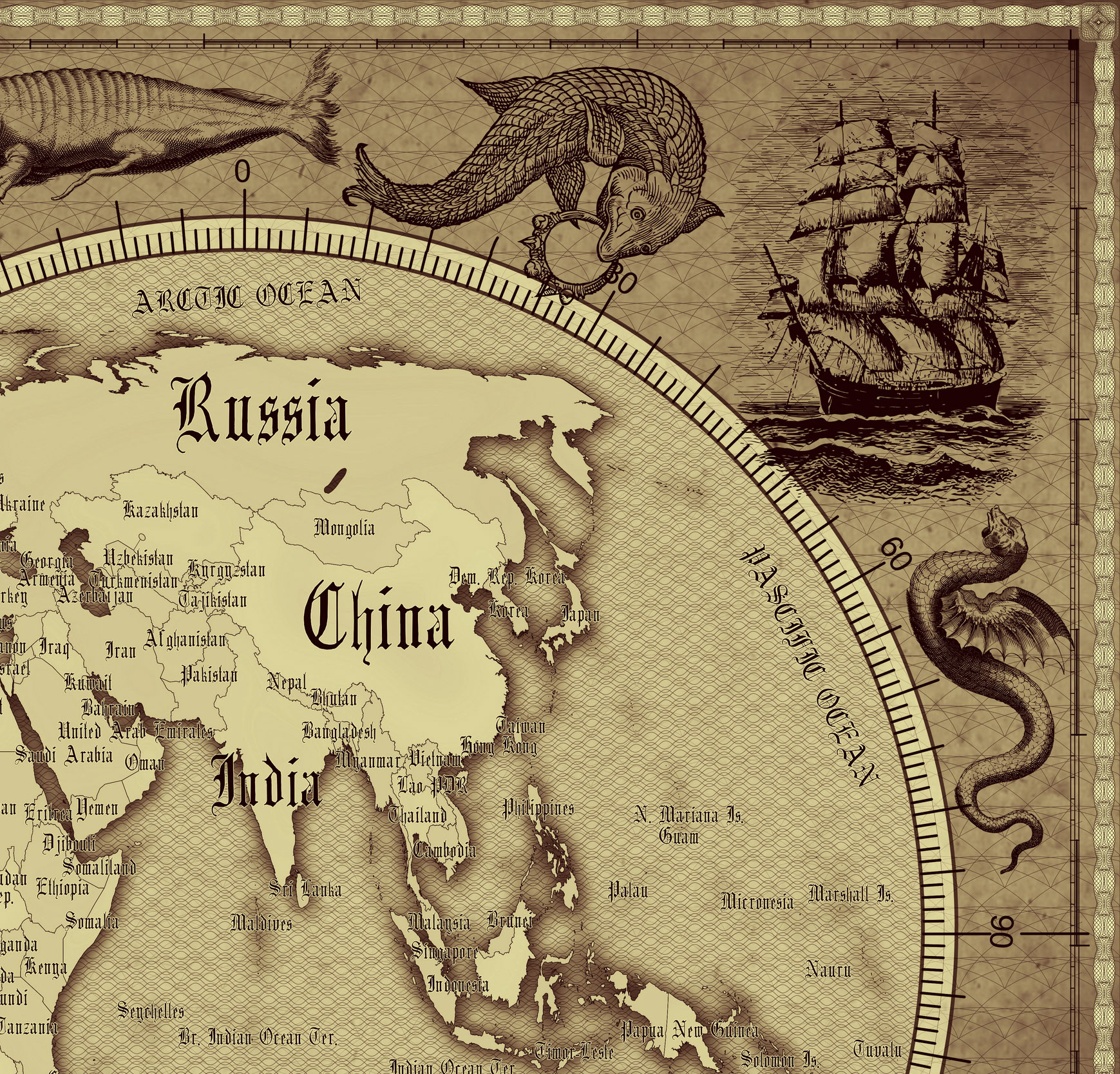 6 Vintage World Map Poster – 24x36 in (300 DPI, Print-Ready JPG) Gall Peters PRJ brown palette