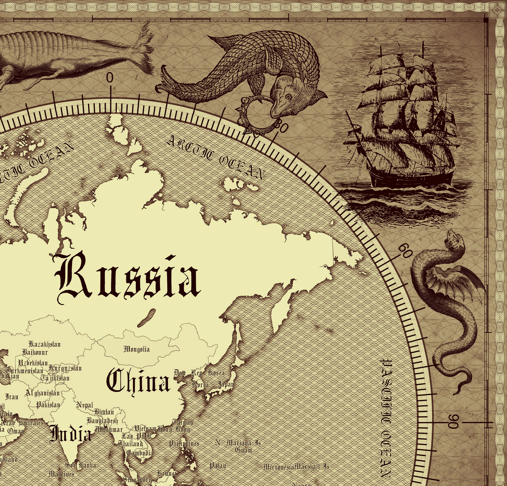 4 Vintage World Map Poster – 24x36 in (300 DPI, Print-Ready JPG) Mercator PRJ warm brown palette