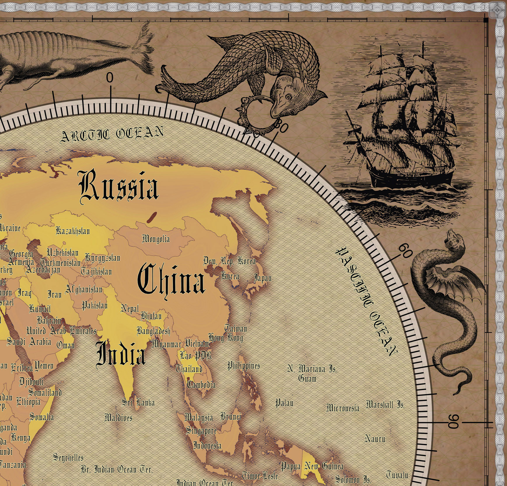 3 Vintage World Map Poster – 24x36 in (300 DPI, Print-Ready JPG) Gall Peters PRJ warm palette corr