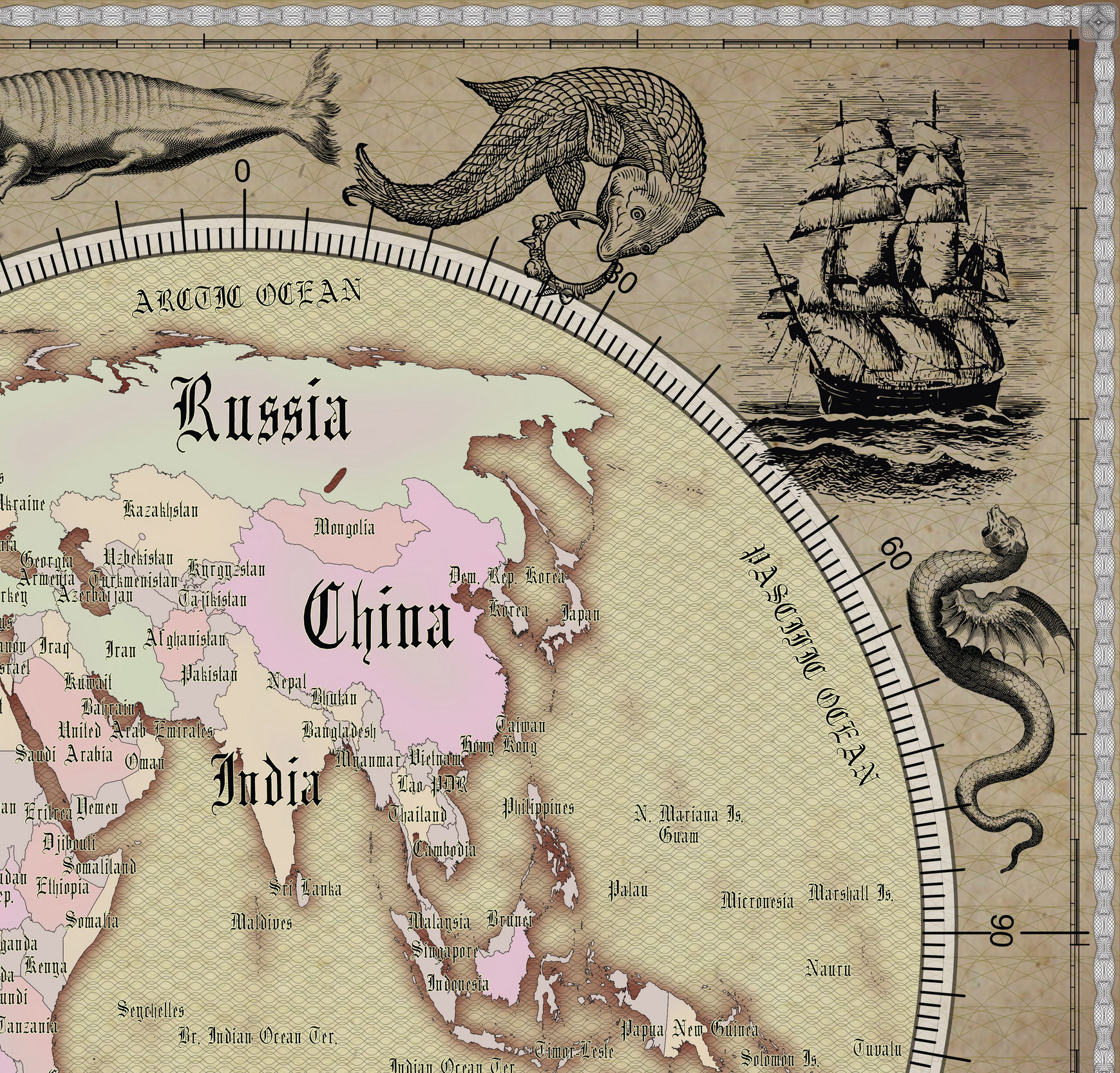 19 Vintage World Map Poster – 24x36 in (300 DPI, Print-Ready JPG) Gall Peters PRJ saturated warm colors palette