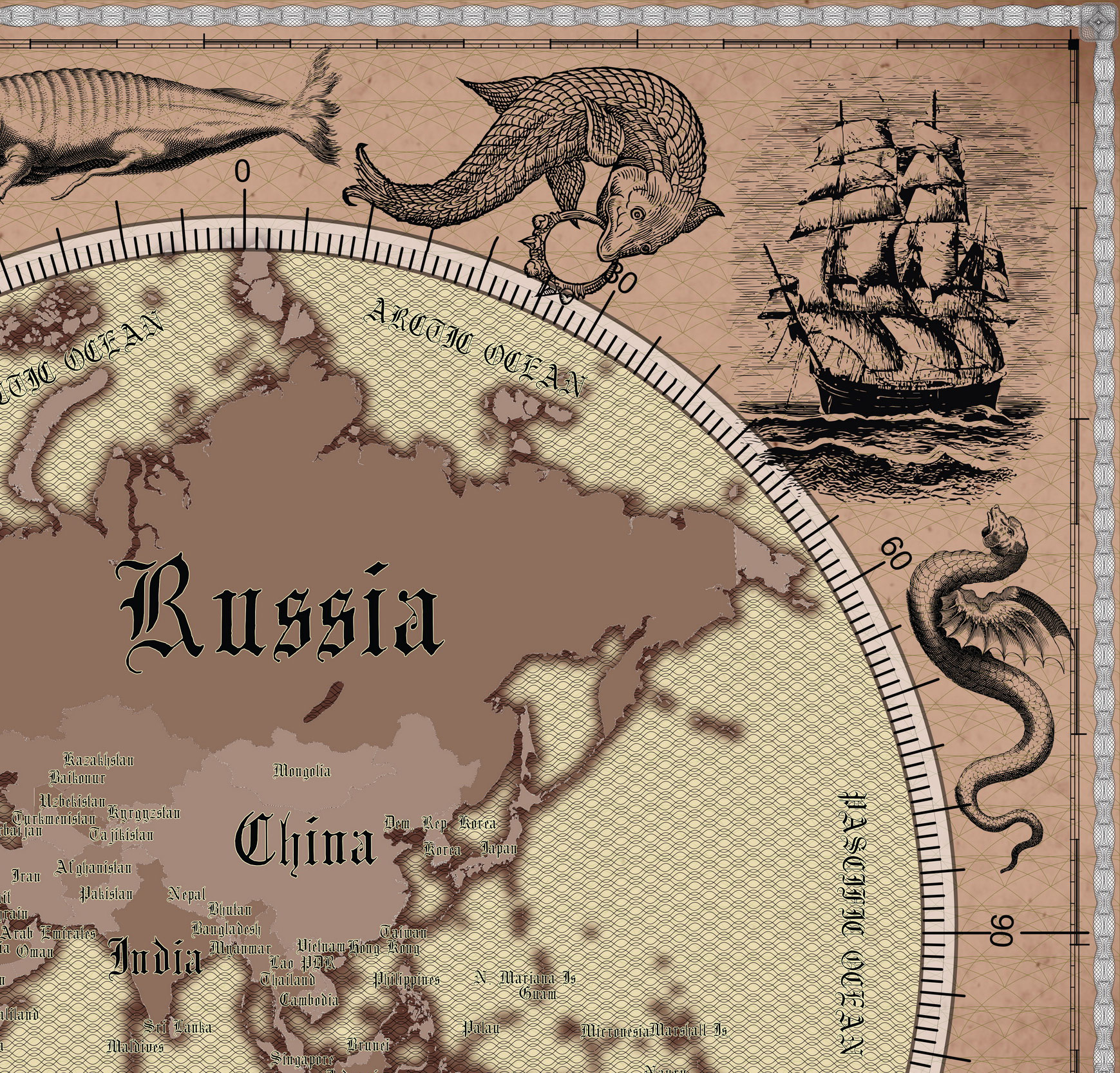 2 Vintage World Map Poster – 24x36 in (300 DPI, Print-Ready JPG) Mercator PRJ warm palette