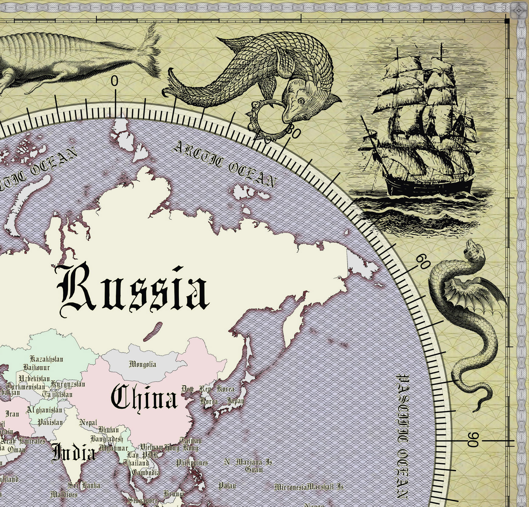 13 Vintage World Map Poster – 24x36 in (300 DPI, Print-Ready JPG) Mercator PRJ blue palette