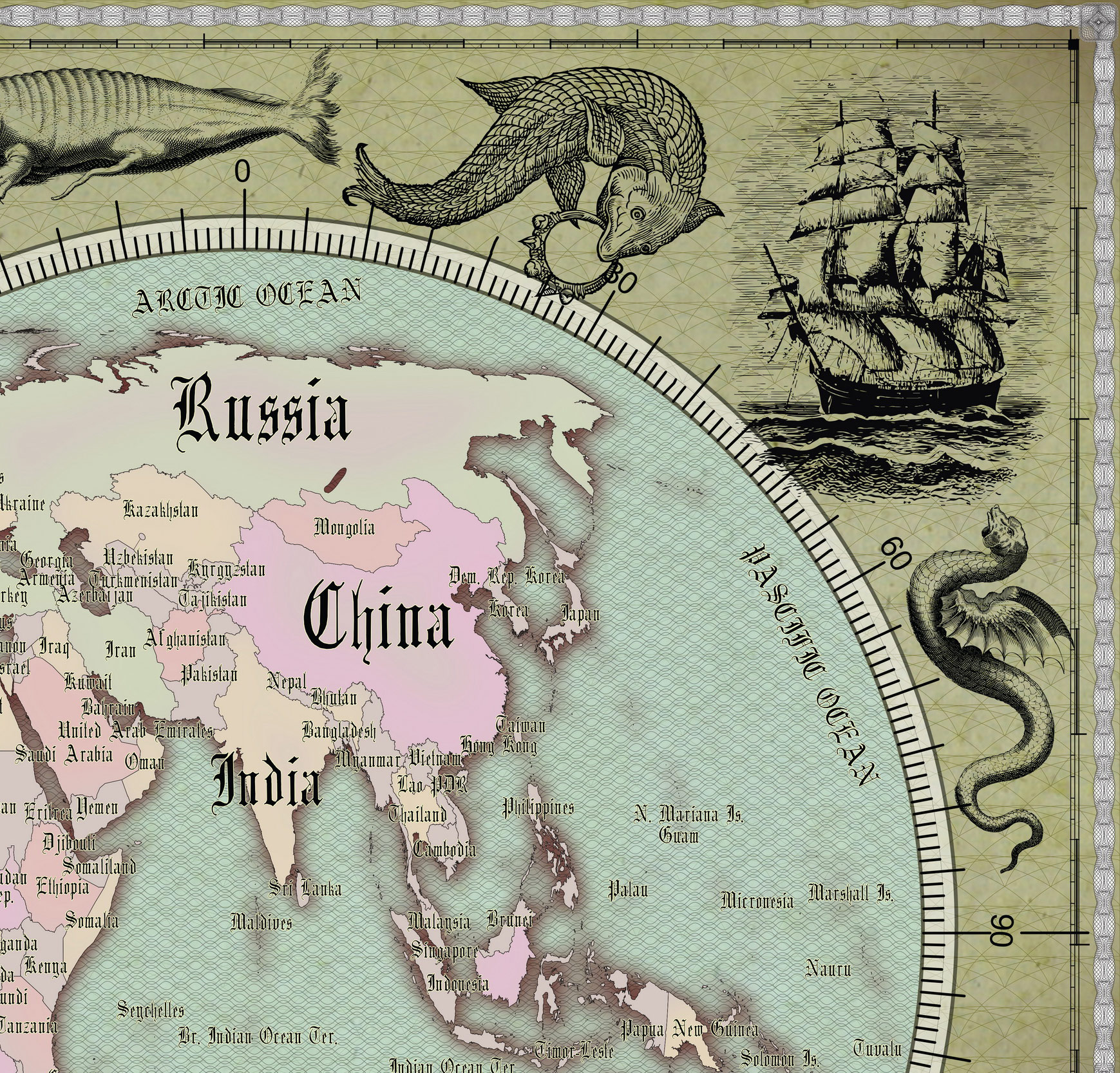 12 Vintage World Map Poster – 24x36 in (300 DPI, Print-Ready JPG) Gall Peters PRJ blue palette