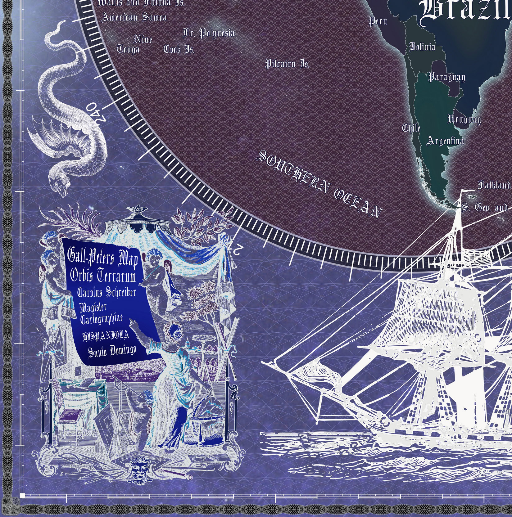 9 Vintage World Map Poster – 24x36 in (300 DPI, Print-Ready JPG) Gall Peters PRJ blue invert palette