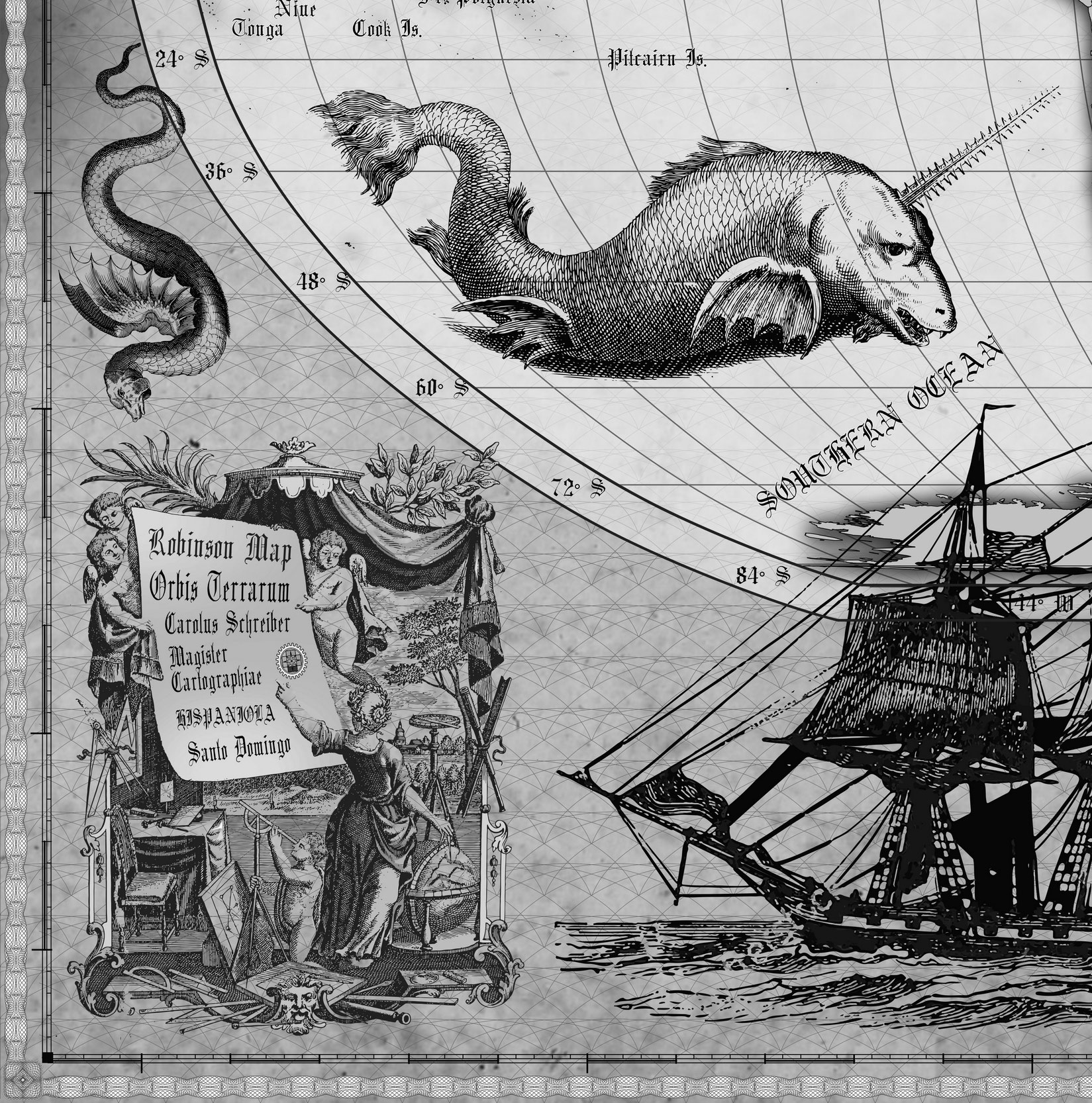 7 Vintage World Map Poster – 24x36 in (300 DPI, Print-Ready JPG) Robinson PRJ black-white palette