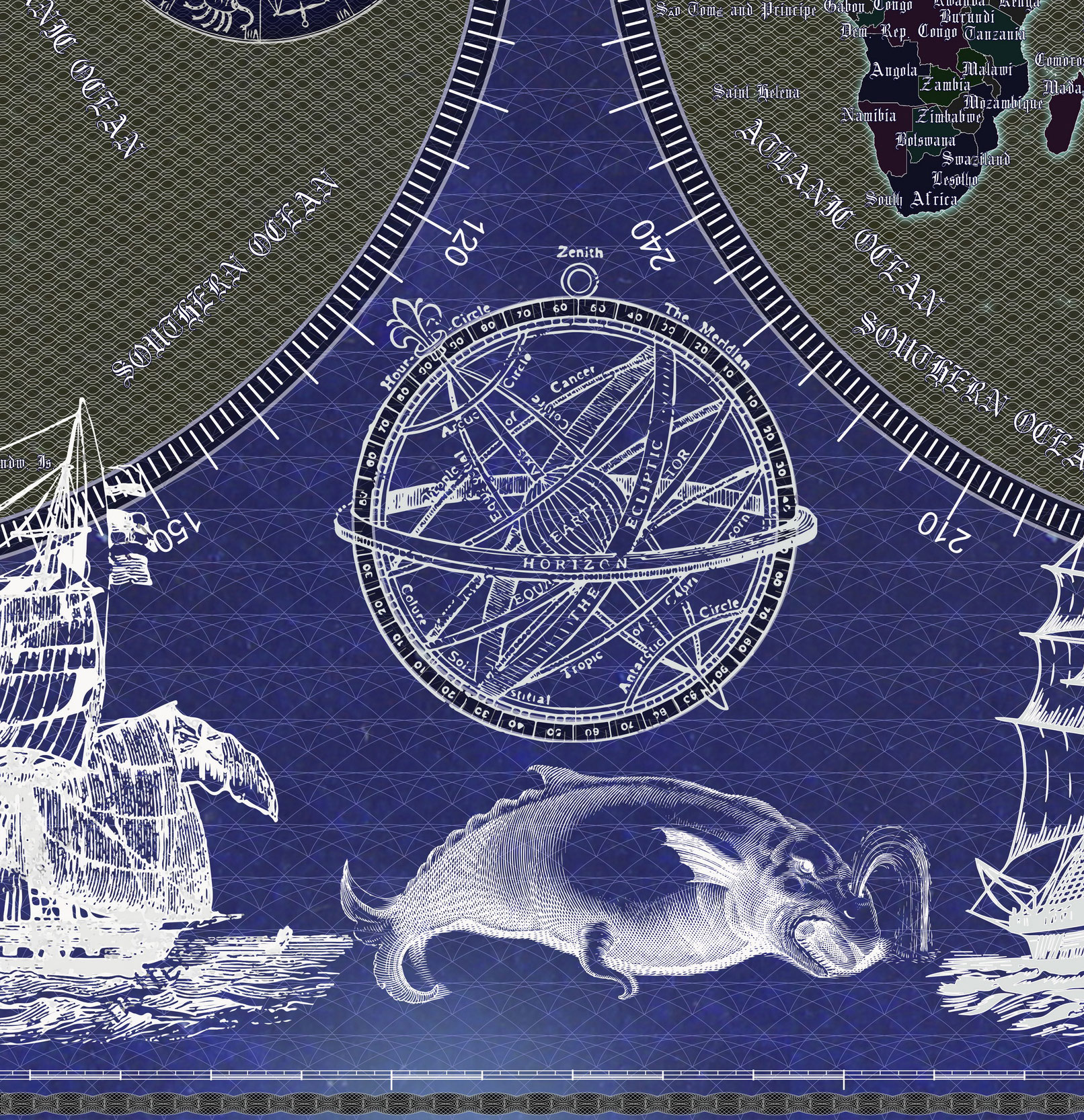 11 Vintage World Map Poster – 24x36 in (300 DPI, Print-Ready JPG) Mercator PRJ blue invert palette