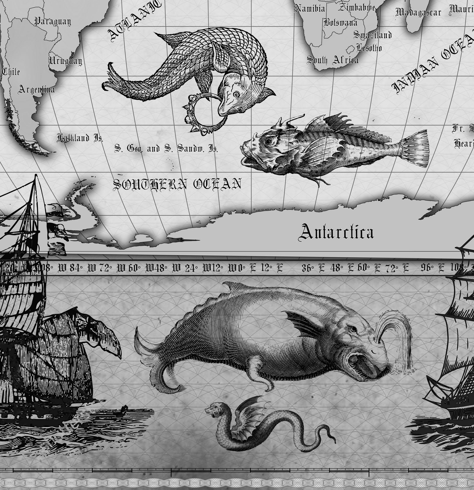 7 Vintage World Map Poster – 24x36 in (300 DPI, Print-Ready JPG) Robinson PRJ black-white palette