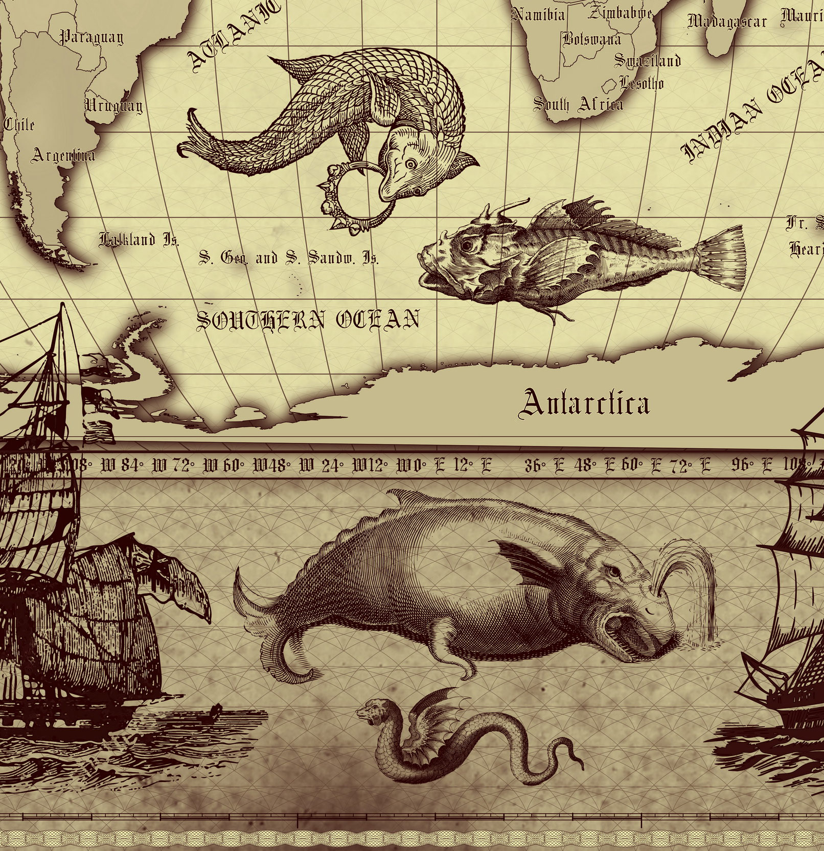 5 Vintage World Map Poster – 24x36 in (300 DPI, Print-Ready JPG) Robinson PRJ brown palette