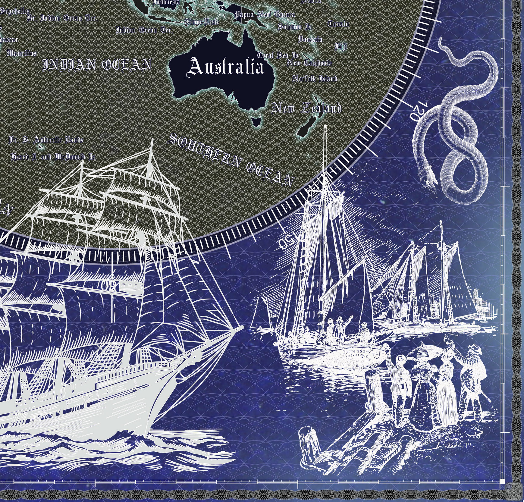 11 Vintage World Map Poster – 24x36 in (300 DPI, Print-Ready JPG) Mercator PRJ blue invert palette