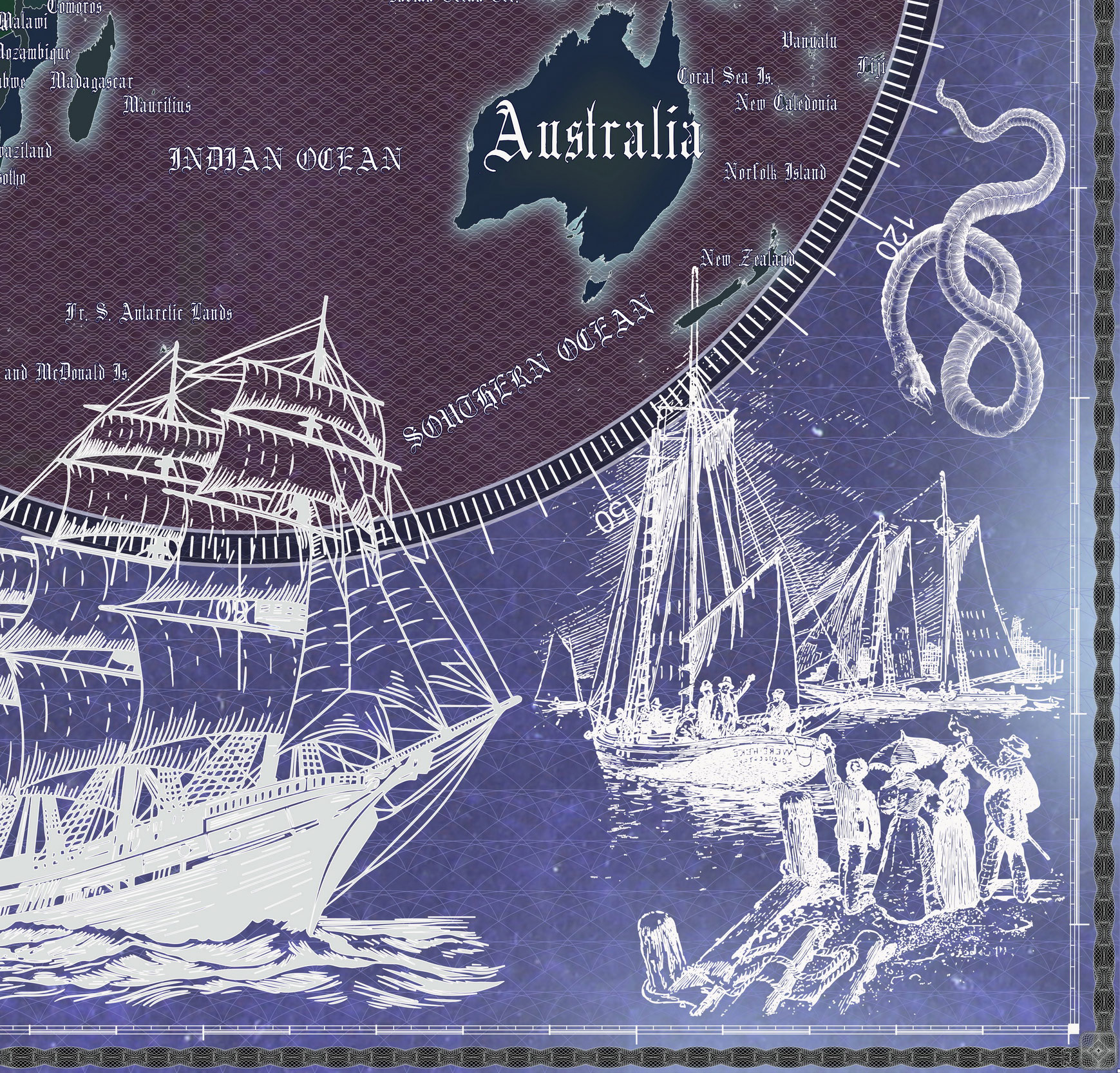 9 Vintage World Map Poster – 24x36 in (300 DPI, Print-Ready JPG) Gall Peters PRJ blue invert palette