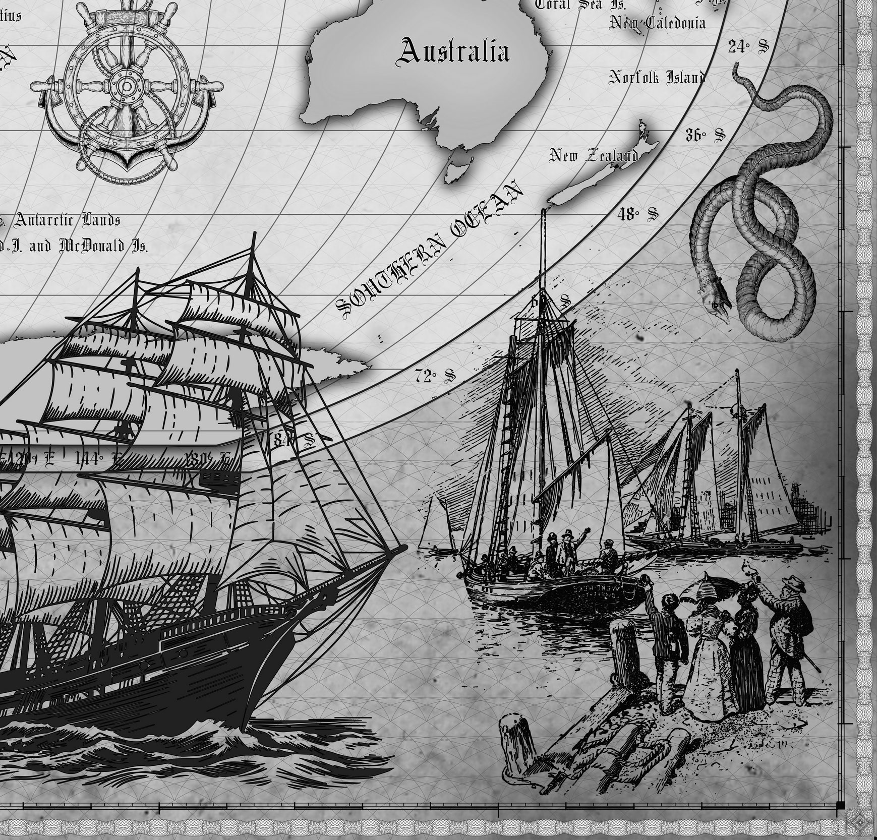 7 Vintage World Map Poster – 24x36 in (300 DPI, Print-Ready JPG) Robinson PRJ black-white palette