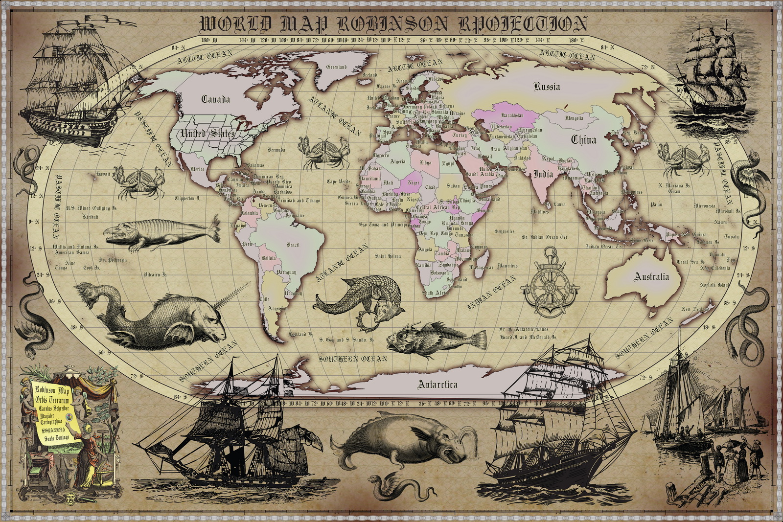 20 Vintage World Map Poster – 24x36 in (300 DPI, Print-Ready JPG) Robinson PRJ saturated classic palette