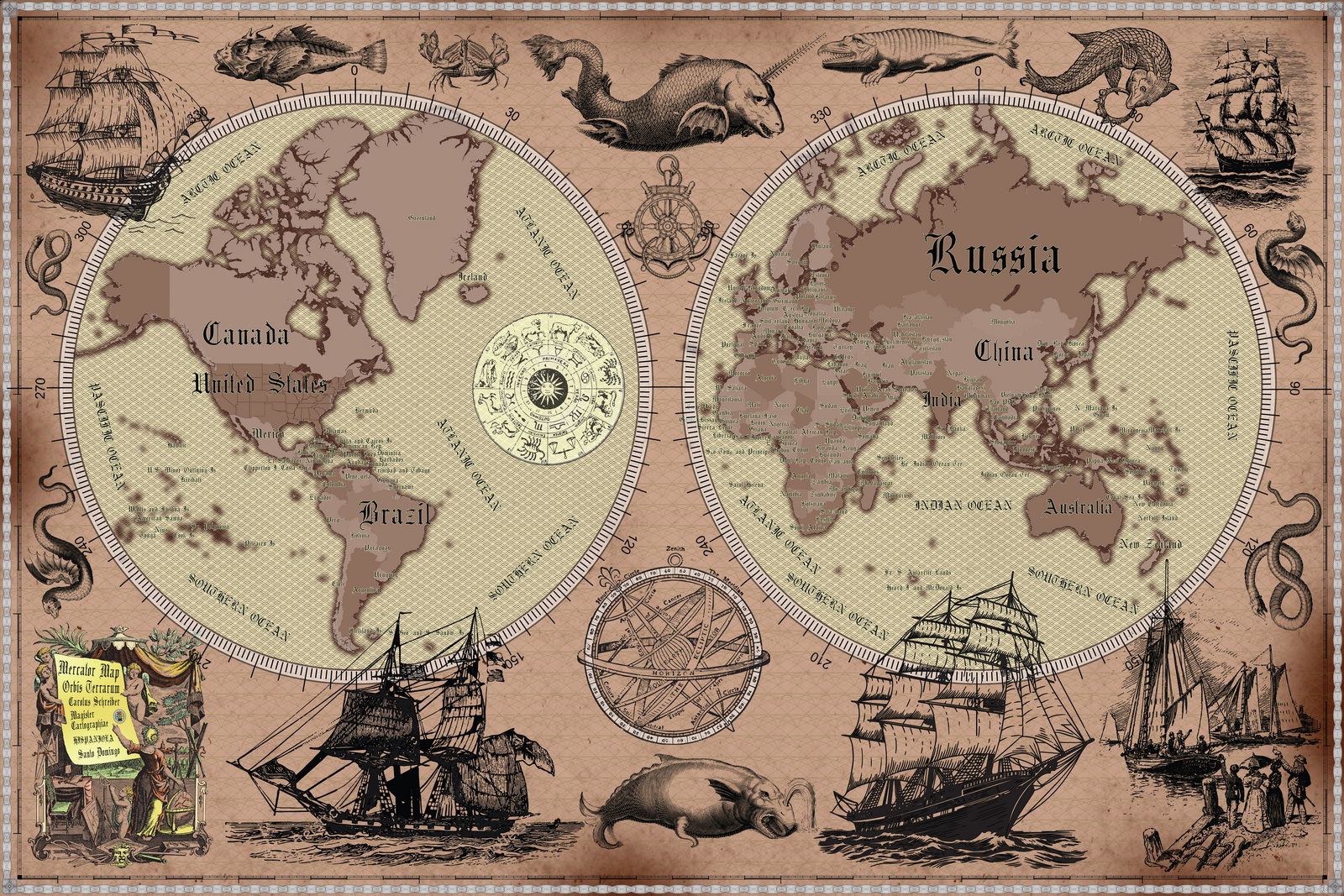 2 Vintage World Map Poster – 24x36 in (300 DPI, Print-Ready JPG) Mercator PRJ warm palette