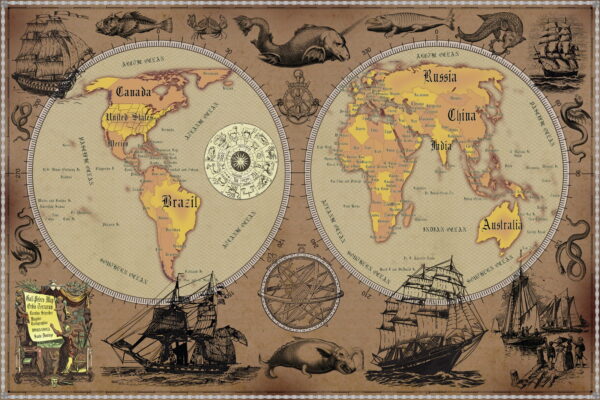 3 Vintage World Map Poster – 24x36 in (300 DPI, Print-Ready JPG) Gall Peters PRJ warm palette corr