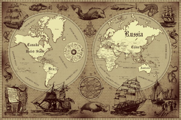 4 Vintage World Map Poster – 24x36 in (300 DPI, Print-Ready JPG) Mercator PRJ warm brown palette