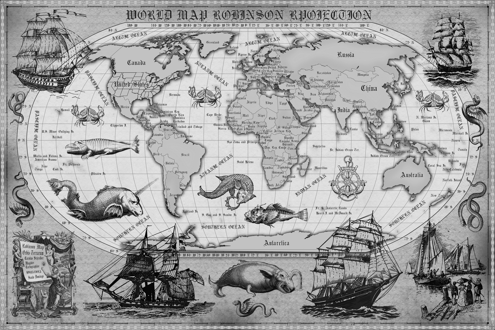 7 Vintage World Map Poster – 24x36 in (300 DPI, Print-Ready JPG) Robinson PRJ black-white palette