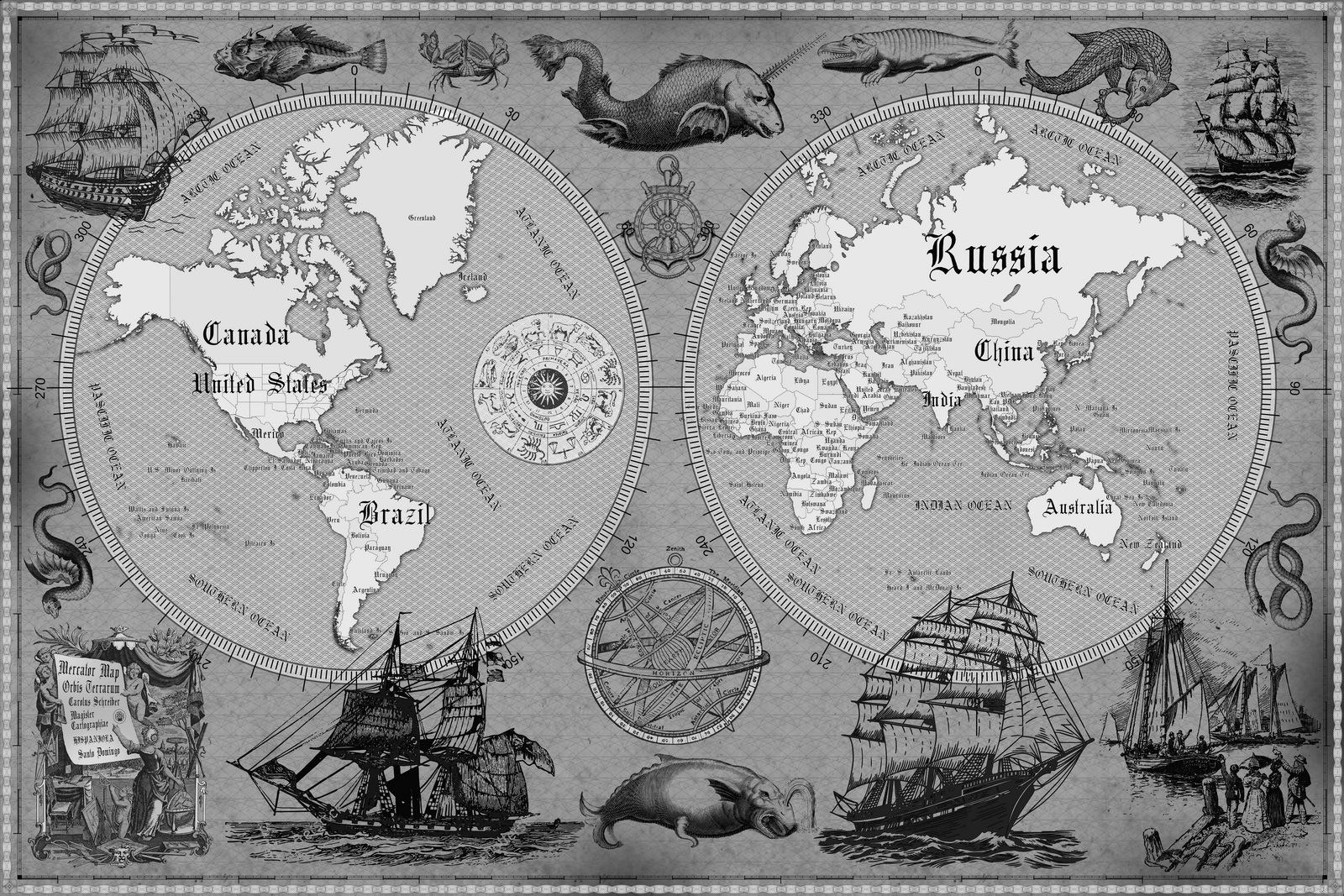 8 Vintage World Map Poster – 24x36 in (300 DPI, Print-Ready JPG) Mercator PRJ black-white palette