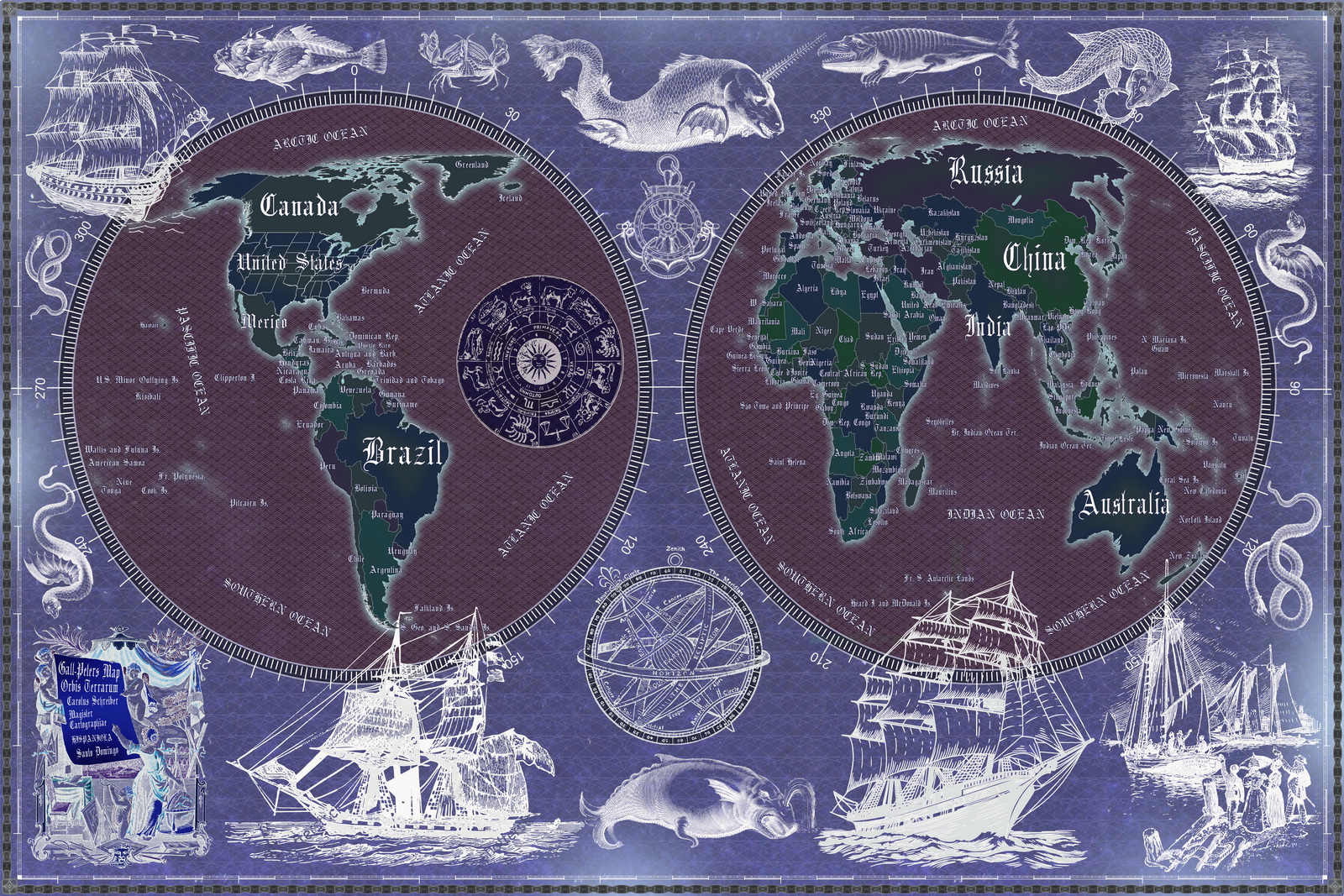 9 Vintage World Map Poster – 24x36 in (300 DPI, Print-Ready JPG) Gall Peters PRJ blue invert palette