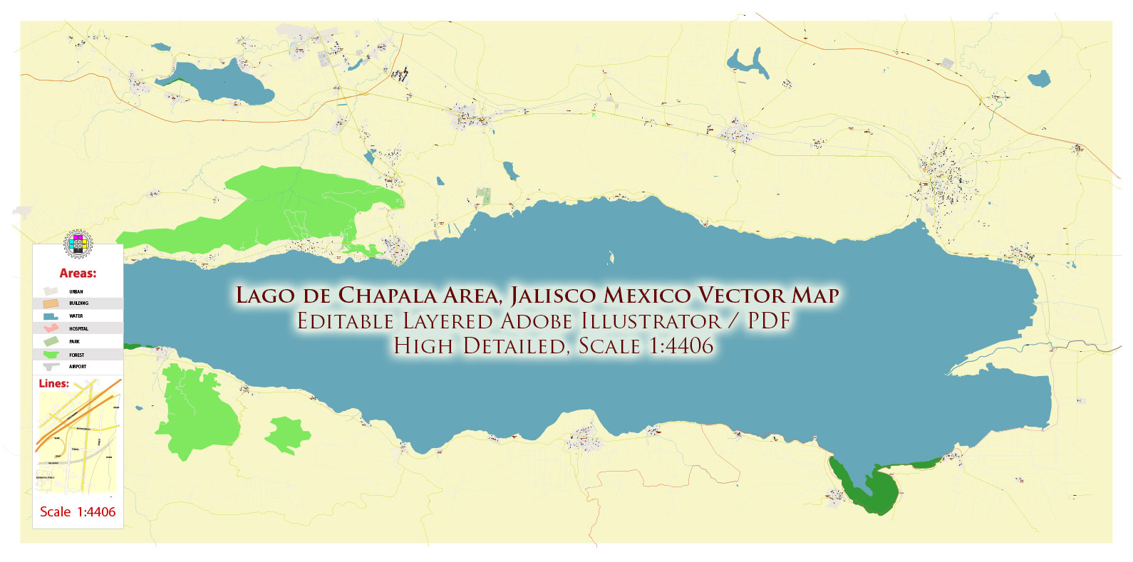 Lago de Chapala Area Jalisco Mexico Map Vector High Detailed Street Map editable Adobe Illustrator in layers