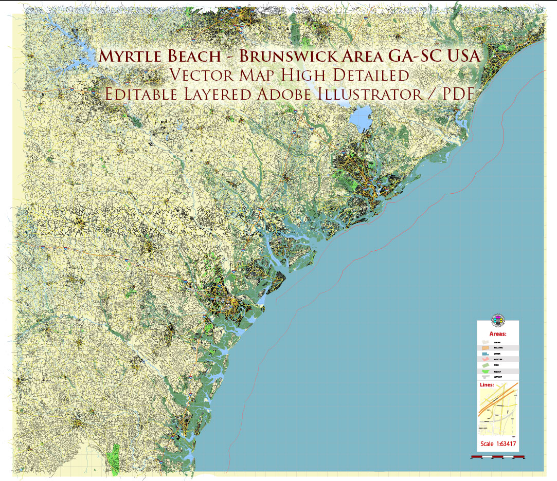 Brunswick - Myrtle Beach Area GA - SC USA Map Vector High Detailed Street Road Map editable Adobe Illustrator for Land Planning