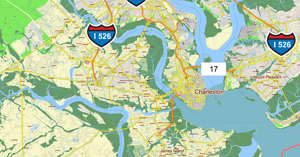 Brunswick - Myrtle Beach Area GA - SC USA Map Vector High Detailed Street Road Map editable Adobe Illustrator for Land Planning