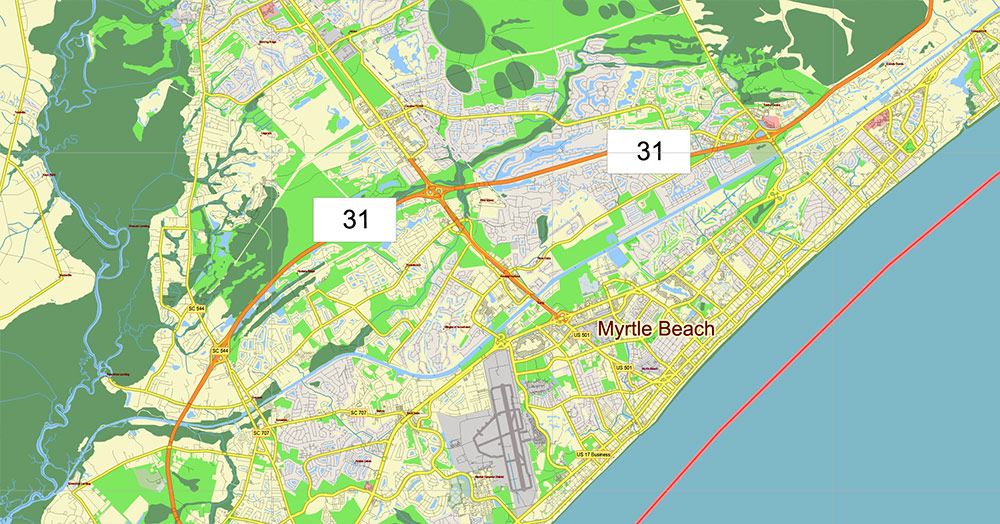 Brunswick - Myrtle Beach Area GA - SC USA Map Vector High Detailed Street Road Map editable Adobe Illustrator for Land Planning