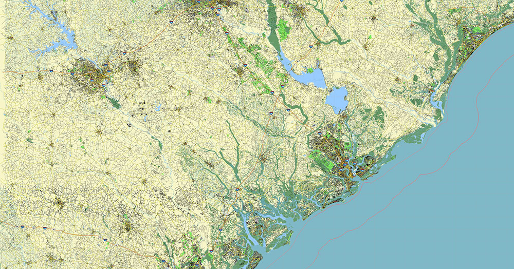 Brunswick - Myrtle Beach Area GA - SC USA Map Vector High Detailed Street Road Map editable Adobe Illustrator for Land Planning