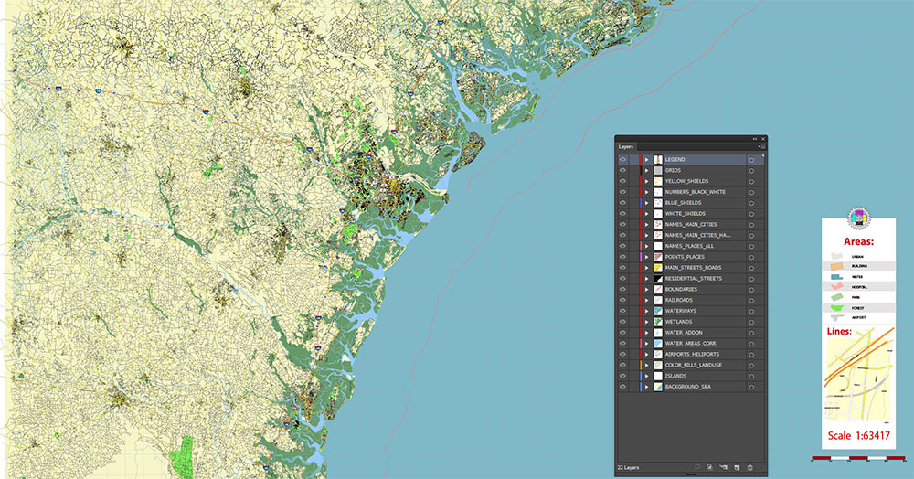 Brunswick - Myrtle Beach Area GA - SC USA Map Vector High Detailed Street Road Map editable Adobe Illustrator for Land Planning