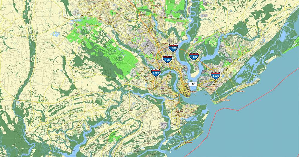 Brunswick - Myrtle Beach Area GA - SC USA Map Vector High Detailed Street Road Map editable Adobe Illustrator for Land Planning
