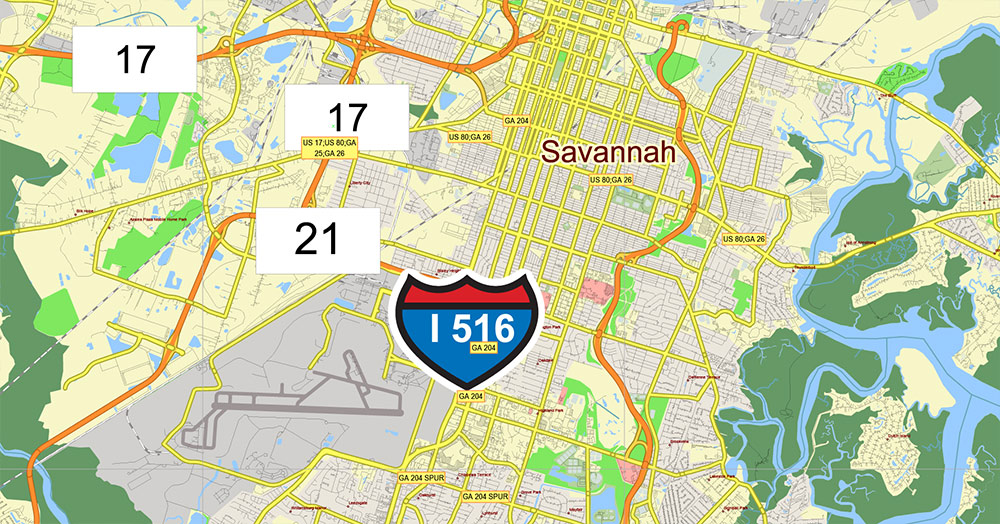 Brunswick - Myrtle Beach Area GA - SC USA Map Vector High Detailed Street Road Map editable Adobe Illustrator for Land Planning