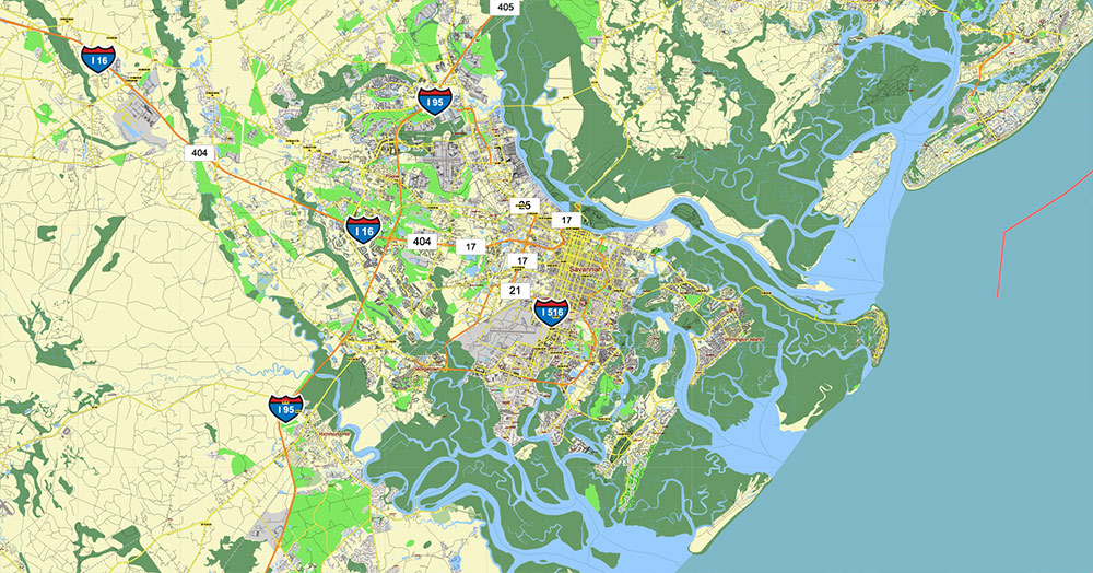Brunswick - Myrtle Beach Area GA - SC USA Map Vector High Detailed Street Road Map editable Adobe Illustrator for Land Planning
