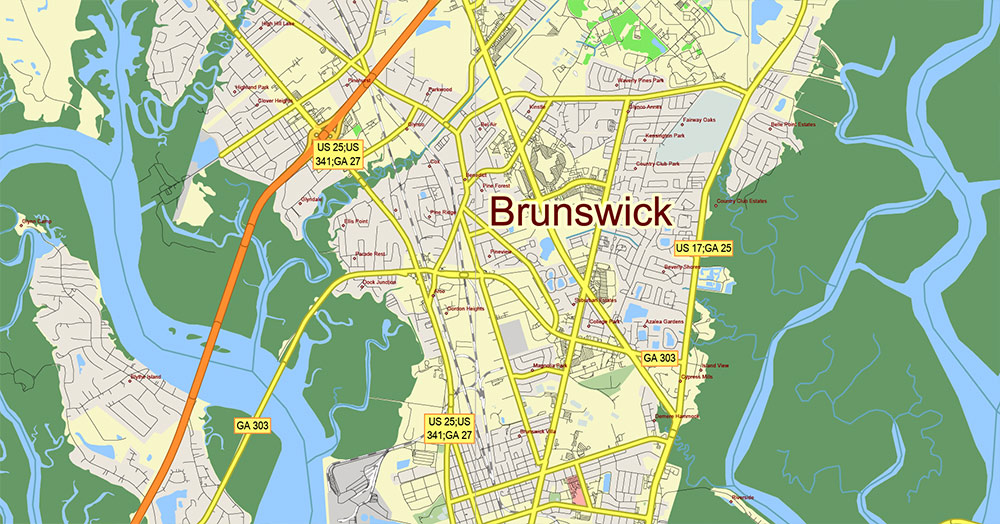 Brunswick - Myrtle Beach Area GA - SC USA Map Vector High Detailed Street Road Map editable Adobe Illustrator for Land Planning