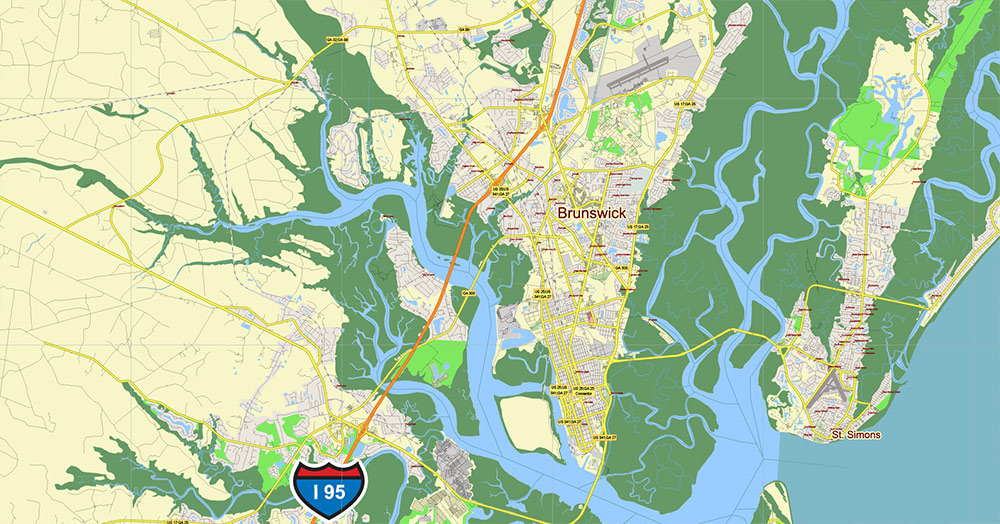 Brunswick - Myrtle Beach Area GA - SC USA Map Vector High Detailed Street Road Map editable Adobe Illustrator for Land Planning