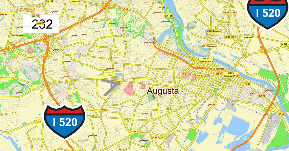 Brunswick - Myrtle Beach Area GA - SC USA Map Vector High Detailed Street Road Map editable Adobe Illustrator for Land Planning