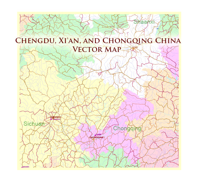 Chengdu, Xi'An and Chonquing China Vector Map Road and Railroad map + admin areas + Main cities, water objects editable Layered Adobe Illustrator (English)