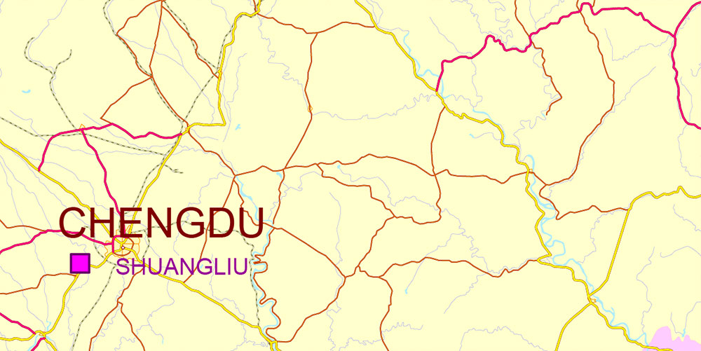 Chengdu, Xi'An and Chonquing China Vector Map Road and Railroad map + admin areas + Main cities, water objects editable Layered Adobe Illustrator (English)