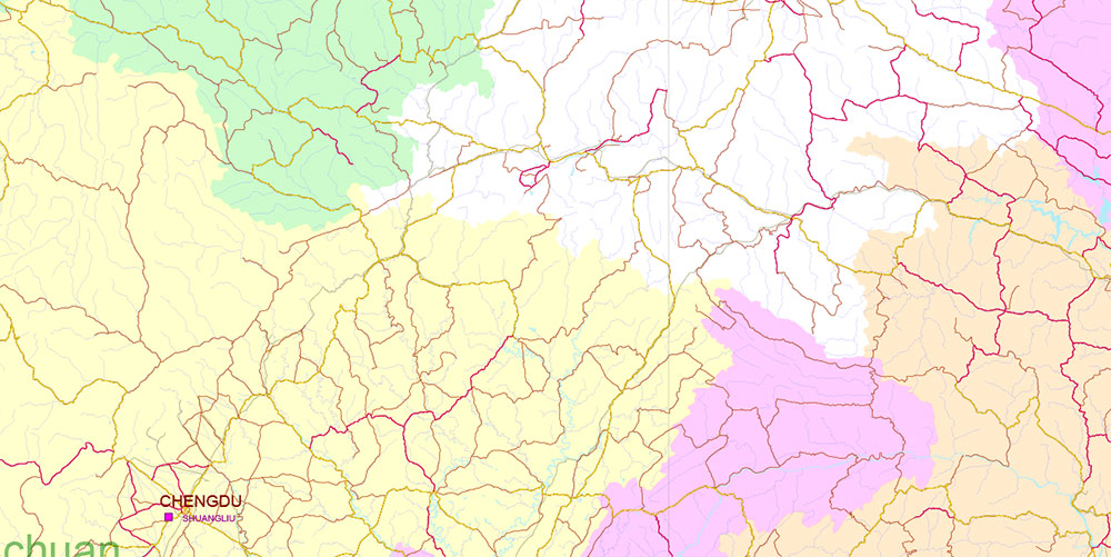 Chengdu, Xi'An and Chonquing China Vector Map Road and Railroad map + admin areas + Main cities, water objects editable Layered Adobe Illustrator (English)