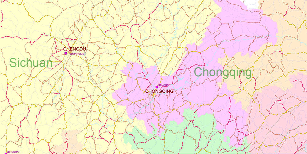 Chengdu, Xi'An and Chonquing China Vector Map Road and Railroad map + admin areas + Main cities, water objects editable Layered Adobe Illustrator (English)