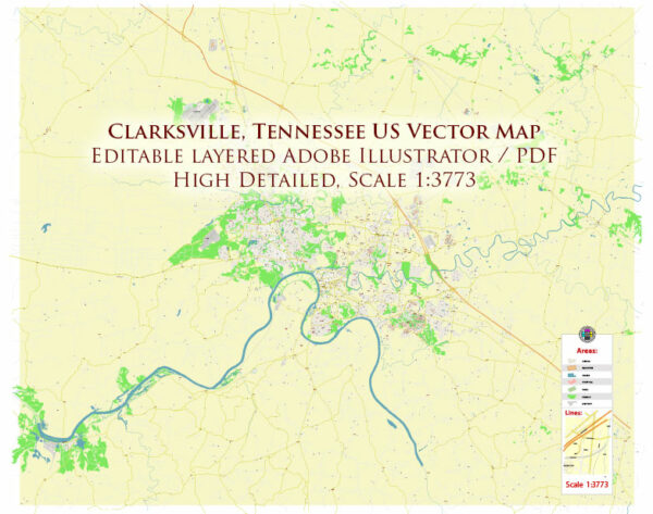 Clarksville Tennessee USA Map Vector High Detailed Street Map editable Adobe Illustrator