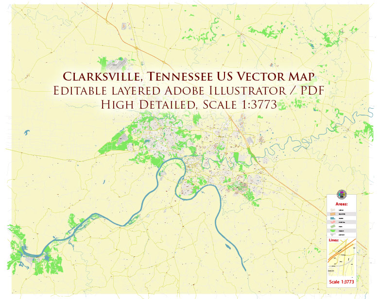 Clarksville Tennessee USA Map Vector High Detailed Street Map editable Adobe Illustrator