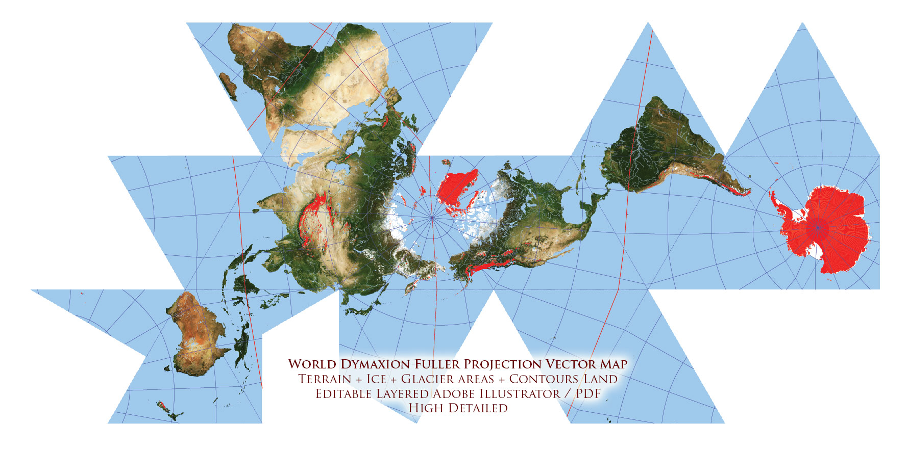Dymaxion World Vector Map Fuller Projection Terrain + Ice - glaciers, continental and shelves Precision Areas Adobe Illustrator