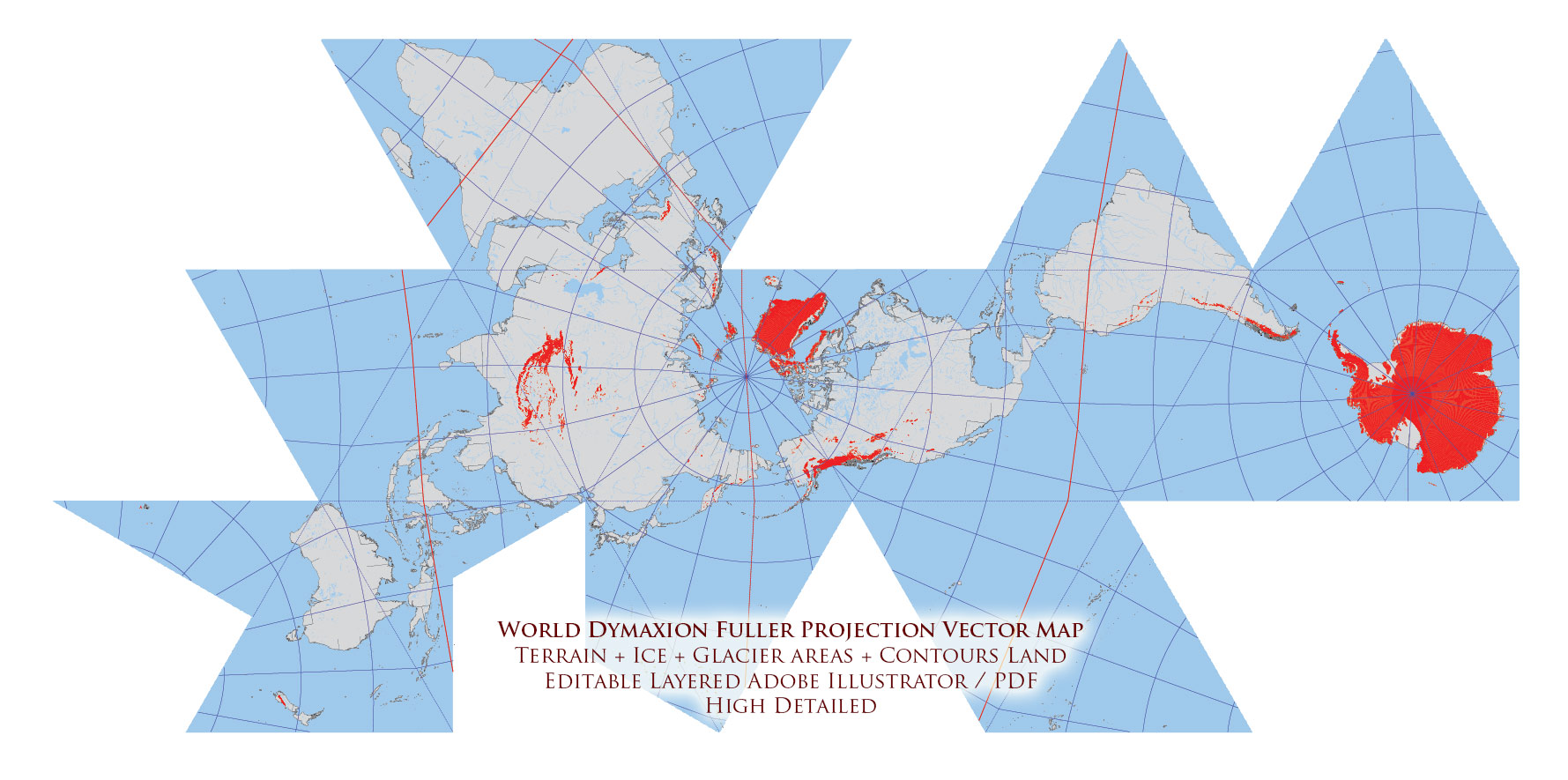 Dymaxion World Vector Map Fuller Projection Terrain + Ice - glaciers, continental and shelves Precision Areas Adobe Illustrator
