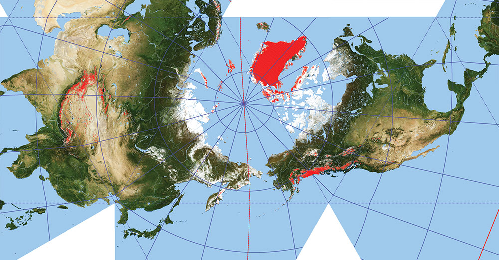 Dymaxion World Vector Map Fuller Projection Terrain + Ice - glaciers, continental and shelves Precision Areas Adobe Illustrator