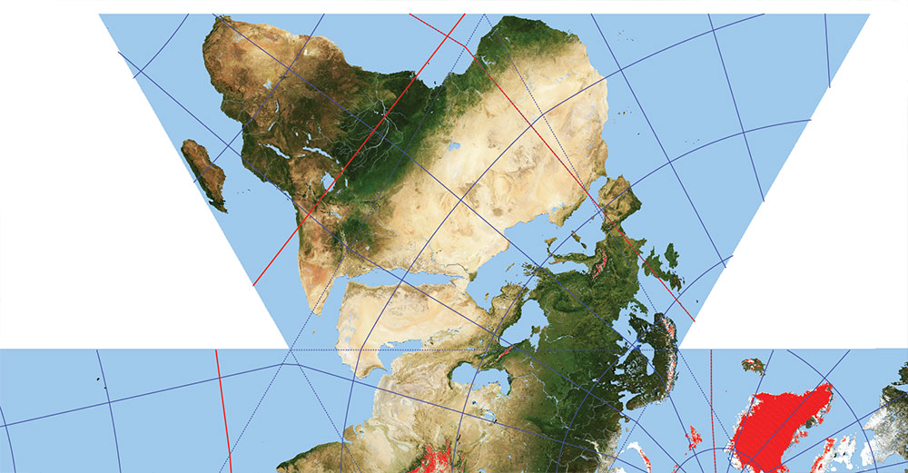 Dymaxion World Vector Map Fuller Projection Terrain + Ice - glaciers, continental and shelves Precision Areas Adobe Illustrator