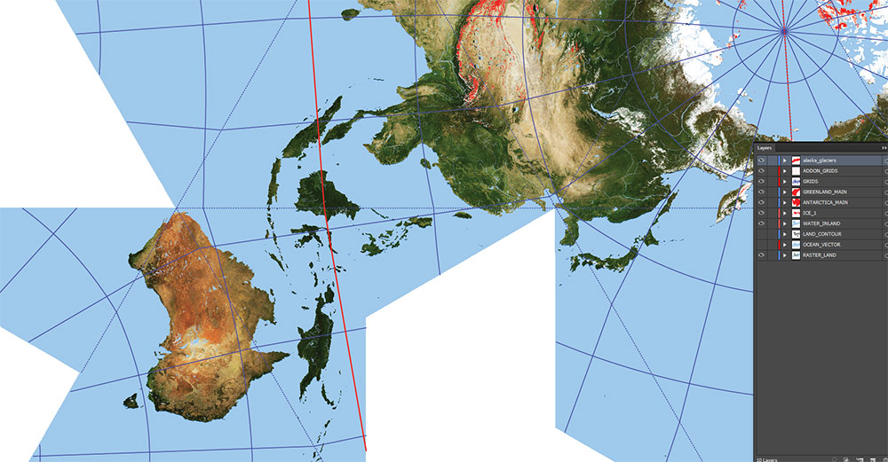 Dymaxion World Vector Map Fuller Projection Terrain + Ice - glaciers, continental and shelves Precision Areas Adobe Illustrator
