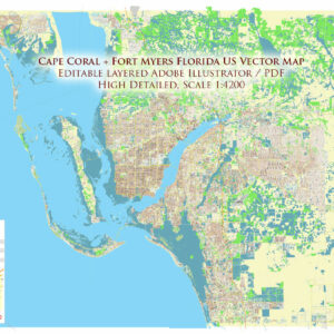 Cape Coral + Fort Myers Florida US Map Vector City Plan High Detailed Street Map editable Adobe Illustrator in layers