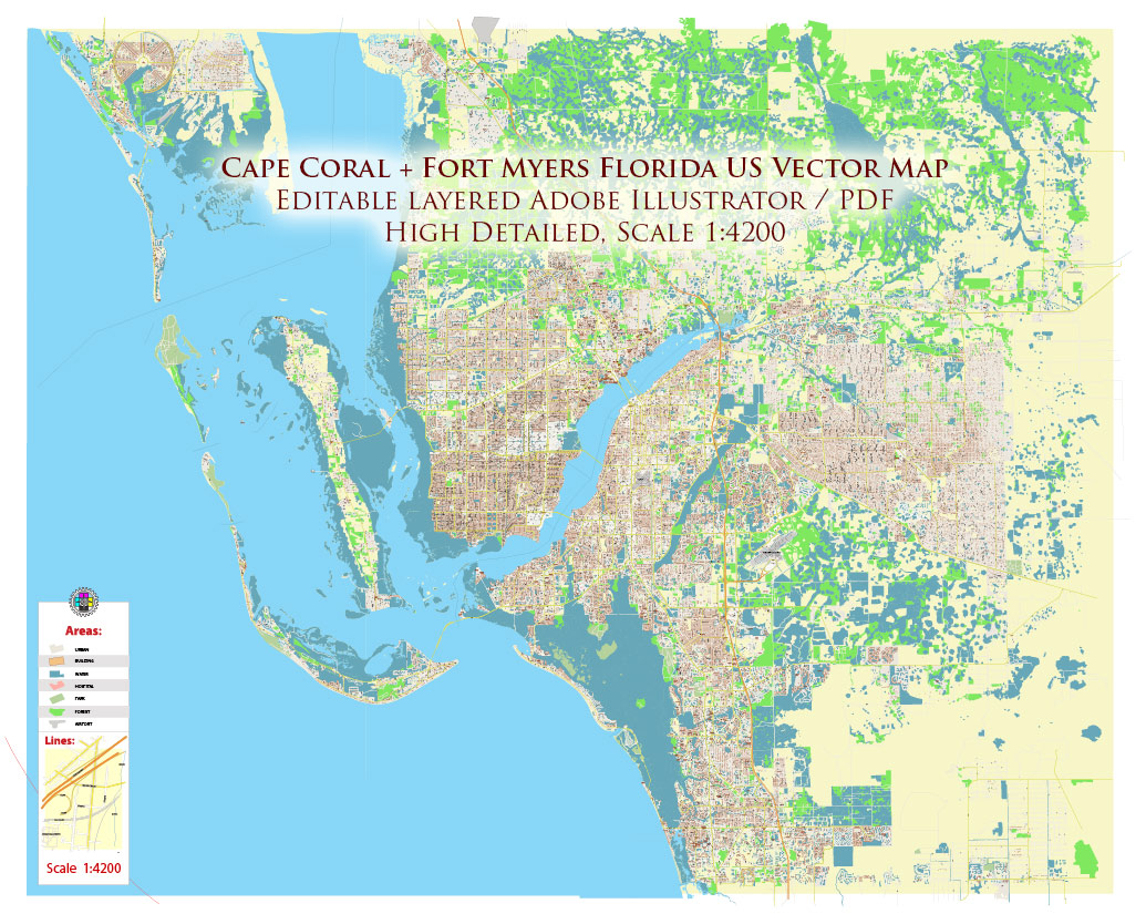Cape Coral + Fort Myers Florida US Map Vector City Plan High Detailed Street Map editable Adobe Illustrator in layers